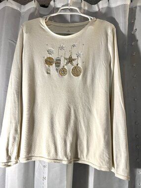 Soft Creme Colored Long Sleeve Christmas Shirt with golden/silver applications